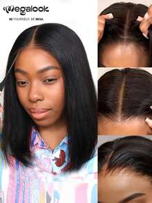 MEGALOOK 20英寸无缝柔顺直发假发，100%真人发丝 - 6英寸深蕾丝T字型假发，预剪蕾丝，12/20英寸波波头假发，预漂白发结，自然发际线，无胶假发 - SNatural - 查看 4