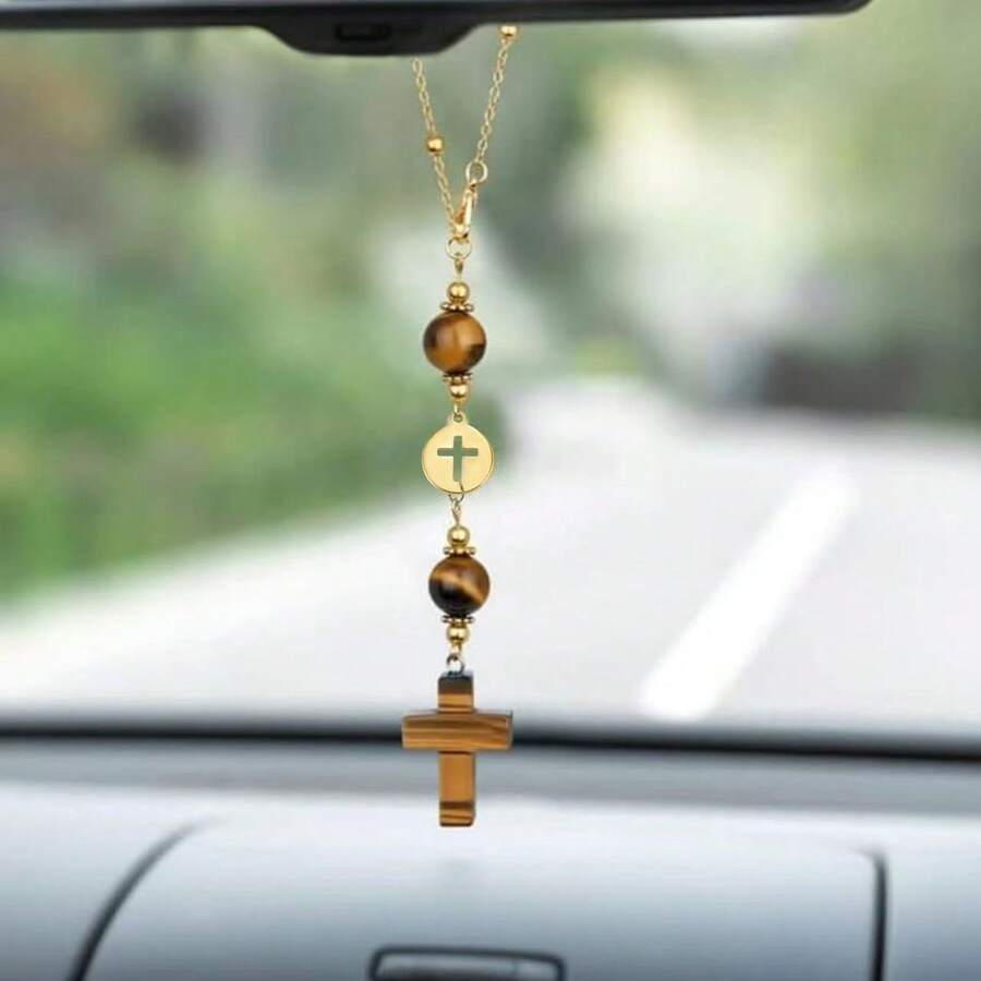 Cross Crystal Hanging Car Charm,Cute Healing Stones Car Decor For Rear View Mirror Boho Handmade Sun Catcher Ornament Accessories Tiger Eye Crystal Protection For Women - Crystal - View 1