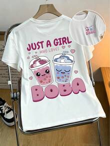 Top d'été, T-shirt graphique "Juste une fille qui aime le boba" - T-shirt décontracté à col rond et manches courtes, design coloré de thé aux perles, convient pour toutes les saisons, T-shirt de thé aux perles pour adolescentes, T-shirt imprimé pour femmes - Blanc - Voir 4