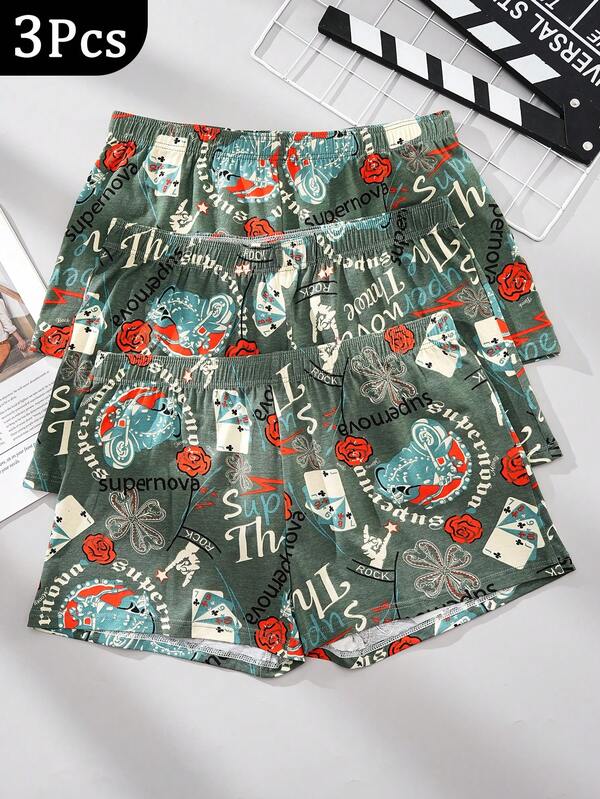 HIALEGION 3 Pcs Men's Underwear Multi-Color Cotton Interview Boxer Briefs Patterned Printed Sports Casual Style Simple Comfortable Boxer Briefs