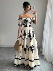 Women's Dresses, Printed Maxi Dress With Off-The-Shoulder And Waist Detail, Retro Resort-Style Dress With A Fitted Waist, Boho-Style Maxi Dress That Slims The Silhouette. - Màu be - Xem 8