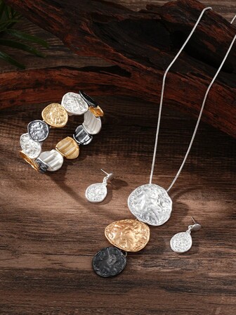 Cring Coco Set de 3 piezas de joyería bohemia minimalista con diseño geométrico, conjunto de collar, aretes y pulsera con diseño minimalista asimétrico, adecuado para uso diario, fiestas, festivales, Navidad, San Valentín, regalo de accesorios de joyería para cumpleaños