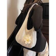 [Free Shipping] Boho Crochet Beach Bag, Woven Straw Tote For Women, Handmade Style Vacation & Market Bag, Lightweight For Seaside, Picnic, Shopping, And Summer Holiday , Crochet - 米色 - 查看 4