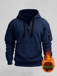 Men's Casual Outdoor Sports Thermal Lined Hoodie And Cargo Pants Set, Autumn/Winter - Blue - View 2