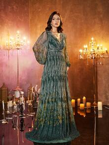 UNITHORSE [Random Cut] Women's Elegant V-Neck Long Sleeve Waist Decorated Evening Gown Dress - Dark Green - View 4
