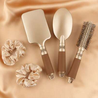 Brodark Set de 5 piezas de cepillos cilíndricos con cojín dorado que incluye 2 ligas para el cabello doradas, adecuado para uso diario de hombres y mujeres