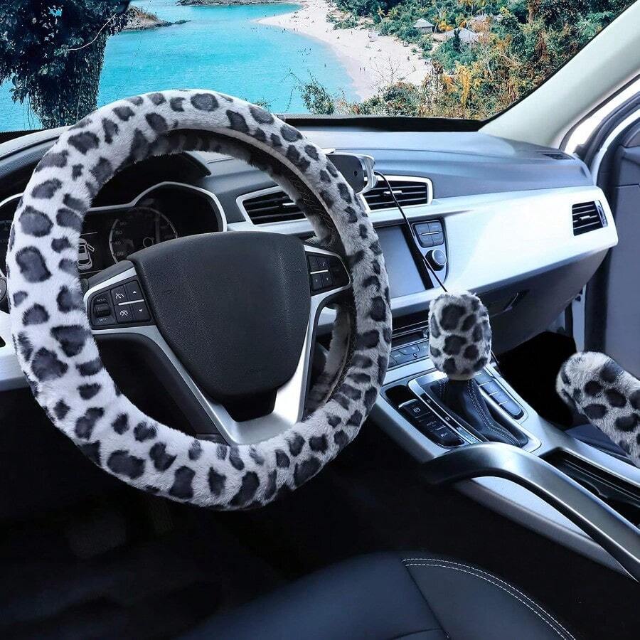 Accmor Fuzzy Car Steering Wheel Cover Universal Fit Fur Auto Wheel Cover And Handbrake Cover And Gear Shift Cover Set Leopard Winter Warm Fluffy Vehicle Wheel Protector Car Accessories For Men Women - Báo hoa mai xám nhạt/xám đậm - Xem 1