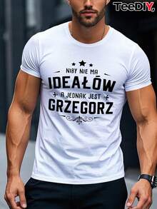 Men'S Funny Polish Streetwear T-Shirt - "Ideal For A Jednic Krzegorz" Graphic Tee, Casual Short Sleeve Summer Top With Star Design, White With Black Text, Lightweight Polyester Blend, Round Neck, Machine Washable, Casual Attire| Playful Graphic Tee| Stretch Fabric Shirt - White - View 1