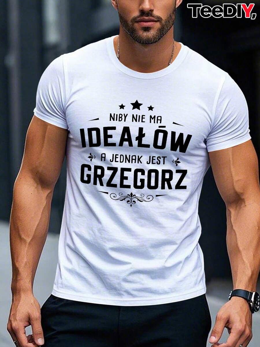 Men'S Funny Polish Streetwear T-Shirt - "Ideal For A Jednic Krzegorz" Graphic Tee, Casual Short Sleeve Summer Top With Star Design, White With Black Text, Lightweight Polyester Blend, Round Neck, Machine Washable, Casual Attire| Playful Graphic Tee| Stretch Fabric Shirt - White - View 1