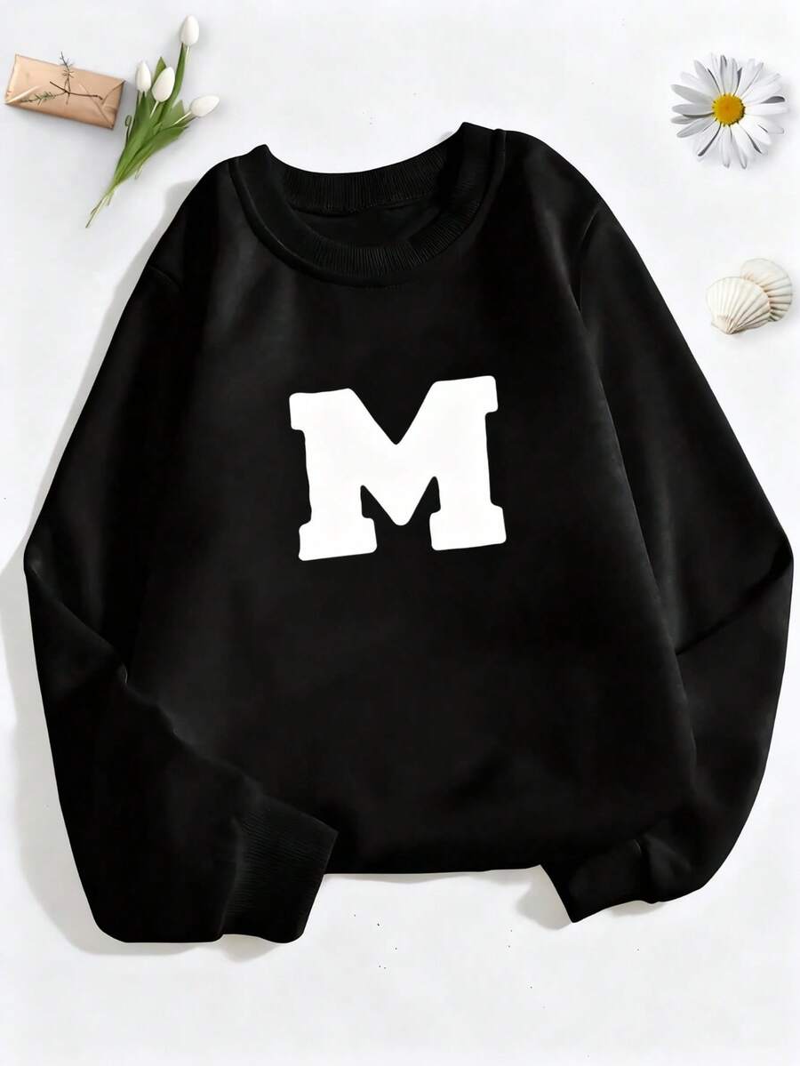 Tween Boy Cool Street Style Printed Crewneck Sweatshirt For Casual And Streetwear During Autumn And Winter - Black - View 1