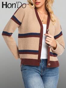 Cárdigan de punto para mujer con cuello en V profundo y ribete de contraste Hon'Do 2026, detalles de punto acanalado, parte superior de suéter para mujer, adecuado para tallas grandes, ropa de mujer para el Día de San Valentín/vacaciones, ropa de invierno para mujer