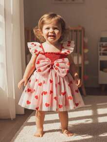 Toddler Baby Girl  Valentine's Day Dress Summer Ruffle Sleeve Heart Tulle Smocked Dress Kids Girls Birthday Party Dresses - 紅色 - 查看 6