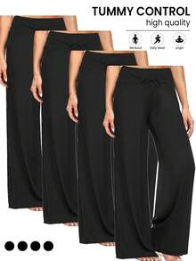 4Pack Wide Leg Palazzo Pants For Women - High Waist Casual Beach Lounge Pants Loose Dress Pants Stretchy - Black + Black + Black + Black - 查看 1