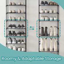 鞋架 - 10层高鞋架，适用于衣柜和玄关，坚固耐用，可容纳多达20双鞋，节省空间的窄型鞋架，易于组装，适合靴子和高跟鞋，黑色 - 彩色 - 查看 3