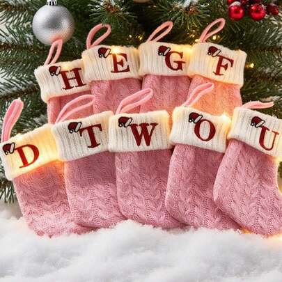 粉色迷你可爱针织字母刺绣圣诞袜个性化首字母圣诞袜家庭节日圣诞派对装饰圣诞装饰品，适用于圣诞派对装饰新年派对礼物礼品用品，个性化首字母圣诞袜，家庭节日圣诞派对装饰