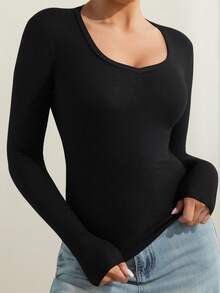 女士纯色圆领长袖高弹力修身冬季保暖休闲T恤，非常适合冬季日常休闲打底保暖，女式上衣，女装 - 黑色 - 查看 3
