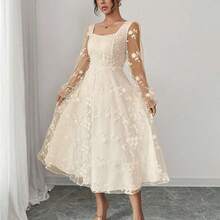 Solid Color Pattern Women's Autumn/Winter Elegant Jacquard Square Neck Waist-Cinching Long Sleeve Midi Dress, Dry Cleanable Garment, Medium Stretch Fabric, Suitable For Date Nights, Weddings / Holiday Parties And Casual Attire, Cowgirl Dresses For Women, Fall Wedding Guest Dresses, Formal Clothes For Women, Occasion Dresses For Women, Formal Event Clothing, Date Night Outfit, Midi Length Dress, Waist Cinching Dress, Floral Detail Dress - 白色 - 查看 10