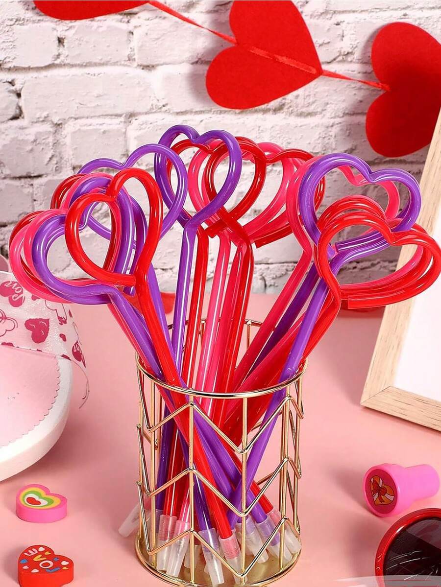 9pcs/Set Random Color Valentines Day Pens Heart Shape Pens Rollerball Pens Valentine Party Favor Pens Black Gel Ink, Ballpoint Pen For School Boys And Girls Office Supplies (Red) - Multicolor - View 1
