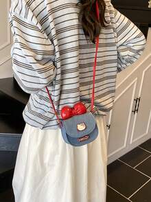 1个Hello Kitty女孩可爱斜挎包，带红色蝴蝶结 - 小号牛仔布化妆包，磁扣开合，可拆卸肩带，适合日常使用或作为礼物，休闲配饰 | 俏皮设计 | 耐用合成衬里，女孩手提包/钱包，时尚