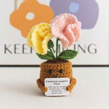 1pc Inspirational Potted Plant, Desktop Decor, Handmade Crocheted Flower, Mini Plant, Forget-Me-Not, Lily Of The Valley, Orange, Puff Flower, Sunflower, Cactus, Tulip Flower Handmade Warm Encouragement Card, Office Desk Decoration Room Decor Home Decor Ornaments Home Miniature Things