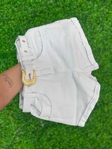 Women's White Mom Denim Shorts With Belt, High Waist - No Elastane, 100% Cotton - 白色 - 查看 8