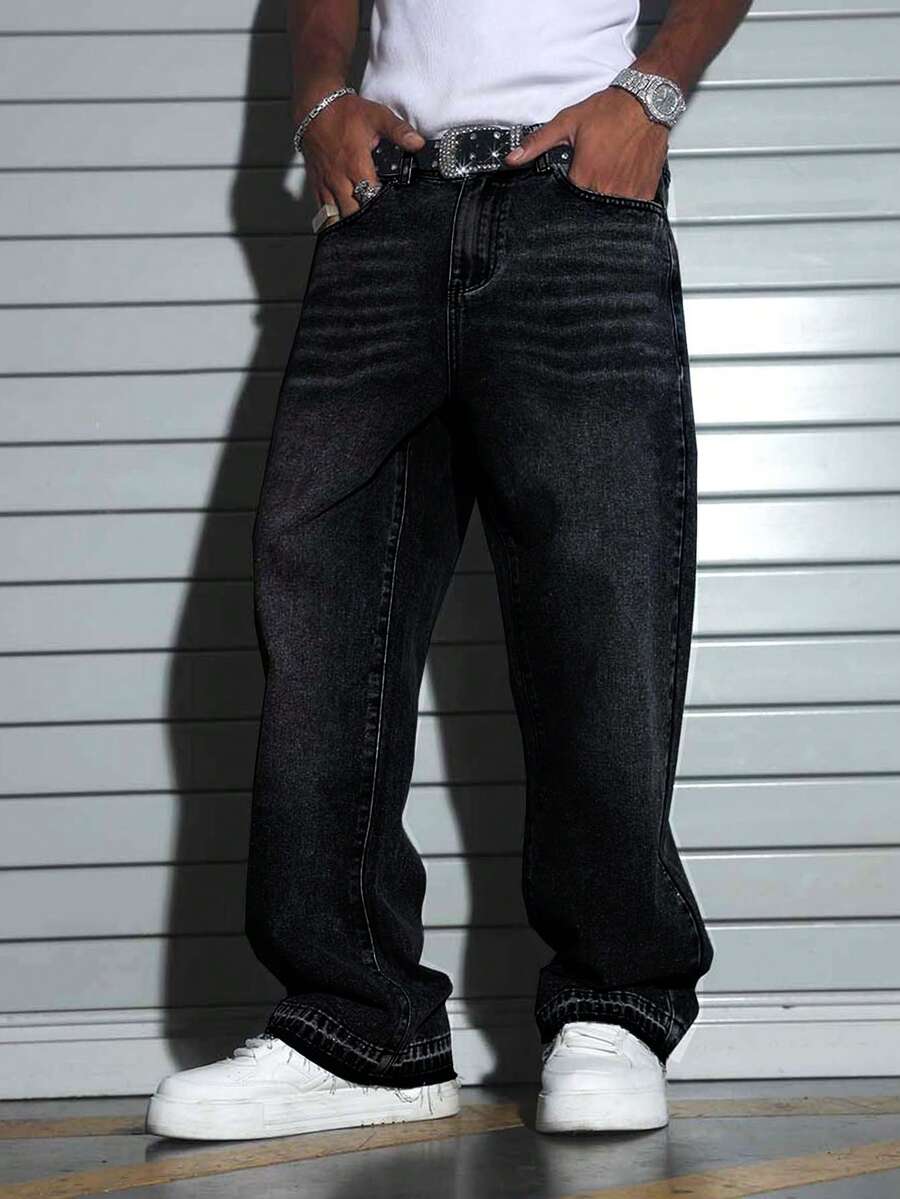 Men's Casual Loose Fit Straight Leg Jeans With Pockets - Black - View 1