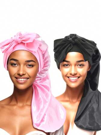 2 件长缎面丝绸帽睡眠发帽，长辫子帽，可重复使用可调节护发裹发帽女士万圣节睡眠帽