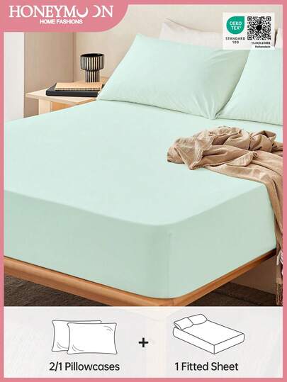 2/3pcs Solid Color Fitted Sheet Set, Includes 1 Fitted Sheet + 1/2 Pillowcases, Mattress Protector, Mattress Cover, 9.84 Inch/25cm Deep Pocket Fitted Sheet, Soft & Breathable, Fits Twin, Full, Queen, King Size Beds, Machine Washable, Oeko-Tex Certified, Light Green