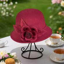 Sombreros de fieltro de mujer con diseño de flor grande decorada, sombrero fedora de unicolor para fiestas y ocasiones especiales - Rosa Fucsia - Ver 4