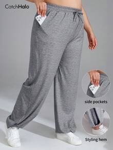 Plus Size Women Loose Casual Pants, Elastic Waistband, Drawstring, Pockets, Soft, Wide Leg, Suitable For Fitness & Yoga - Grey - View 3