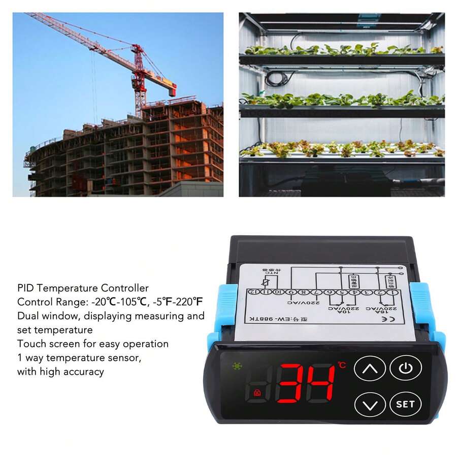 Kit controlador de temperatura PID, termostato con pantalla táctil y pantalla digital, controlador de temperatura PID para refrigeración y calefacción, CA 220 V: ventana de doble pantalla que muestra simultáneamente la temperatura medida y la temperatura establecida. Este termostato PID admite los modos de refrigeración y calefacción, con control táctil, adecuado para diversos sistemas de refrigeración inteligentes. - Negro - Ver 1
