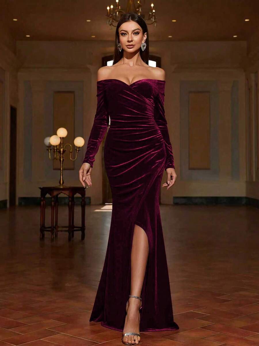 Women's Off-Shoulder Slit Dress: Elegant Pleated Fitted Long Sleeve Evening Gown, Perfect For Parties And Banquets - Burgundy - View 1