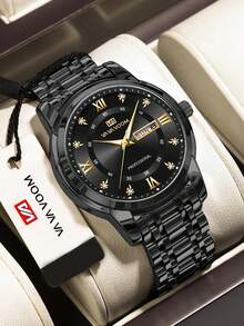 VA VA VOOM 1Pc Men Quartz Watch 41mm Classic Luxury Diamond Calendar Clock Green & Blue & Gold & Silver & Black Stainless Steel Original Week Quartz Movement 3Bar Business Style Gorgeous Couple Watch For Men - Black - View 5