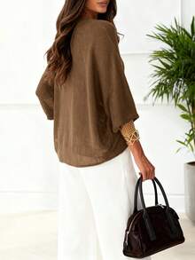 Cárdigan de mujer con cuello en V, de ganchillo, hueco, semitraslúcido, con caída en los hombros y abotonado, casual y de moda, básico, ligero y holgado, para primavera/verano/otoño - Camel - Ver 4