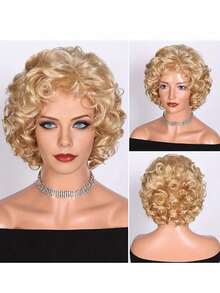 BCHR Basics Curly Wave Peruca Loira Curta Para Mulheres, Fibra De Alta Temperatura, Boné De Rede Rosa, Aparência Natural, 8 Polegadas, 160g, Adequado Para Festas E Uso Diário