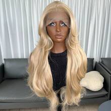 13x6 Kanekalon Futura 蕾丝前假发，22 英寸长波浪高光泽合成假发，带刘海，无需胶水，Kanekalon 耐热合成假发，自由分缝，150% 密度，适合初学者佩戴的透明蕾丝假发，适合日常、派对、节日等场合。 - 金色 - 查看 3