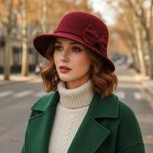 Womens Cloche Hats Stylish Solid Color Decorative Bow Bucket Hat Round Top Short Brim Church Cap - 紅色 - 查看 2