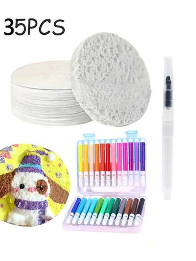35pcs 3D Sponge Drawing Board Paper, Water-Storing Brush Set Included, Foam Expansion Art & Craft Paper, Foam-Textured Blank Drawing Paper, Handmade DIY Materials, Craft Art Supplies, Creative Painting Tools, Texture Painting Pens