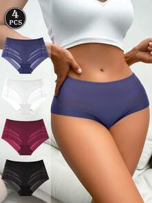 4pcs Set Solid Color Mesh Hollow High Waist Sexy & Comfortable Ladies Briefs - Multicolor - View 2