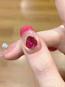 10 Stücke reine handgefertigte Aufklebe-Nägel in mittlerer Länge, Sarg-Form, rosa und weiße Katzenauge-Nägel mit Herz und Schleife, süß, Y2K, zart, paillettenbesetzt, elegant für Frauen und Mädchen, für Frühling, Sommer, Herbst, Winter, Feiertage und den täglichen Gebrauch, Nagelbedarf - Heißes Pink - Übersicht 3
