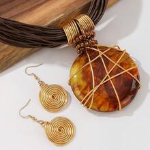 Conjunto de collar y aretes de fiesta de estilo glamoroso bohemio vintage, hecho a mano con alambre de aluminio multicapa exagerado, cristal artificial y resina trenzada, estilo UE/EE. UU. - Café - Ver 2