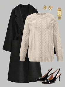 2025 Autumn And Winter Fashion Casual Holiday Beach Women's Long-Sleeved Cable Knit Sweater, Round Neck Loose Fit Back-To-School Fall Women's Knitwear,Christmas New Year - Rice - View 5