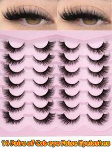 14 Pairs Reusable Cat Eye False Eyelashes, Realistic Mink Fur Texture, Long Tail Self-Liner Effect, Perfect For Photoshoots, Expand Eyes 200% - màu đen - Xem 2