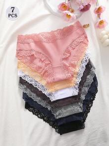 7pcs Solid Color Cotton Lace Patchwork Ribbed Sexy Romantic Comfortable Low Waist Women's Triangle Panties - Multicolor - View 2