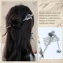 Retro Vintage Asian Chinese Traditional Hanfu Silver Metal Flower Hair Sticks With Pearl Bead Pendants Bamboo Lotus Long Hair Chopsticks Forks Bun Updo Holders Hairpins - 8件 S1 - 查看 5