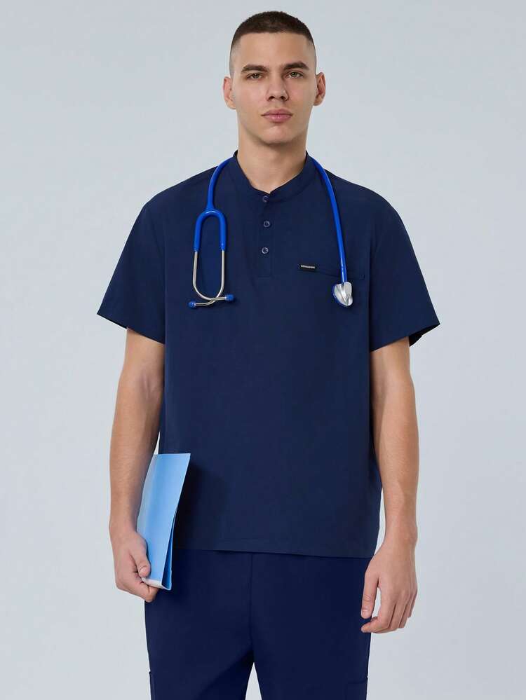 cimmuovere Men's Short Sleeve Multi-Pocket Solid Color Scrubs Top, Nurse Scrubs Workwear, Dentist Healthcare, Pet Hospital, Laboratory, Men's Uniform, Medical Uniform - Navy Blue - View 3