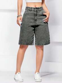 Women's Denim Shorts, Knee-Length Bermuda Style, High Waist, Black, Gray, Graphite, Marbled, Fashion, International, Summer - 灰色 - 查看 1