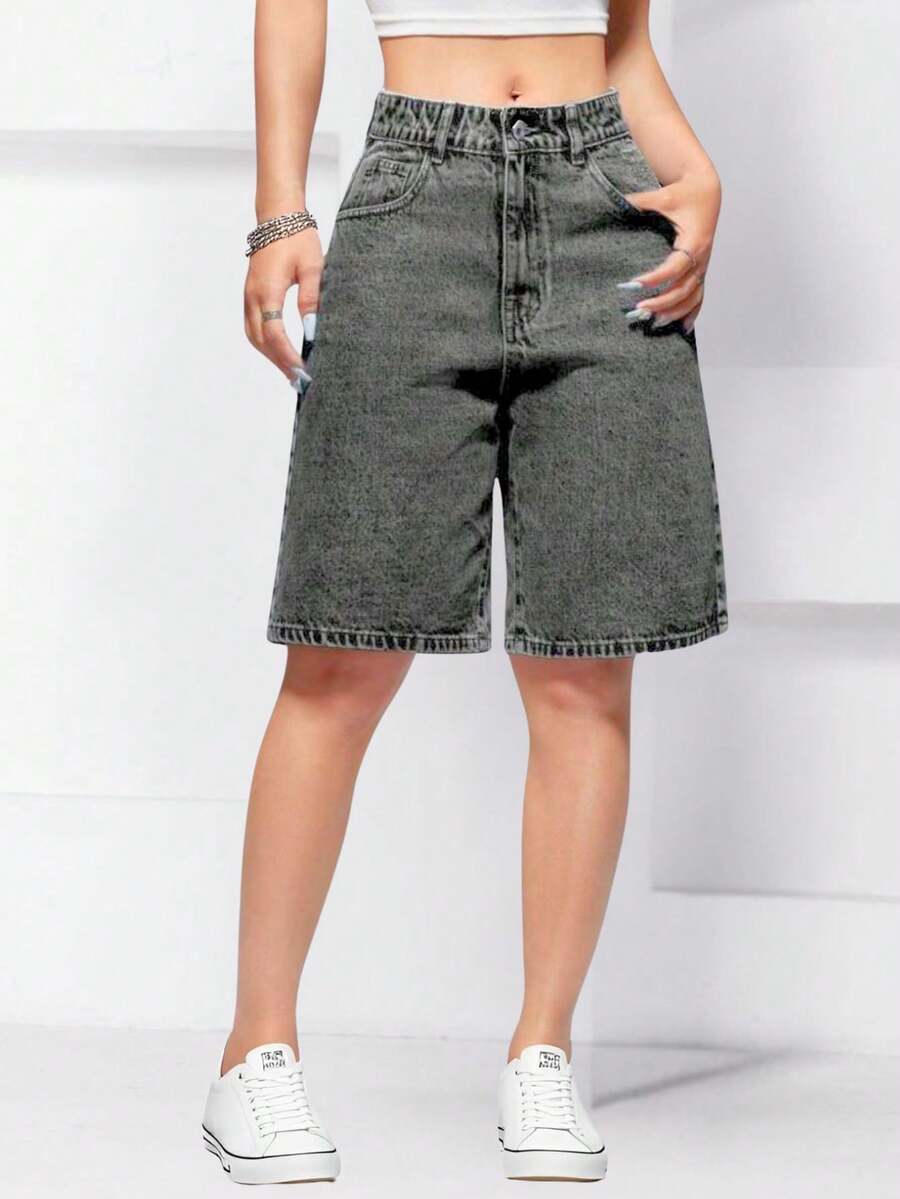 Women's Denim Shorts, Knee-Length Bermuda Style, High Waist, Black, Gray, Graphite, Marbled, Fashion, International, Summer - 灰色 - 查看 1