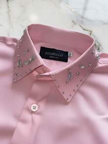 Women's Dress Shirt With Rhinestone Collar | Long-Sleeved Blouse In Plain Fabric With Rhinestone-Decorated Collar - Rose - View 2