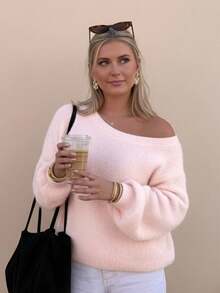 大码女式圣诞毛衣，秋冬浪漫粉色不对称肩部长袖毛衣，温柔甜美慵懒风，简约宽松日常上衣 - 粉色 - 查看 2